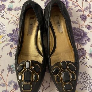 Prada Black and Gold Embellished Flats